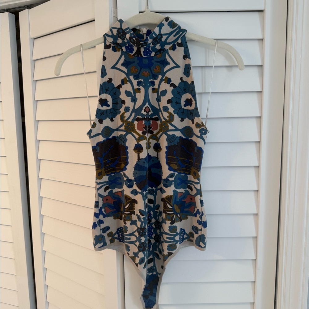 Free People Blue and White Floral Bodysuit